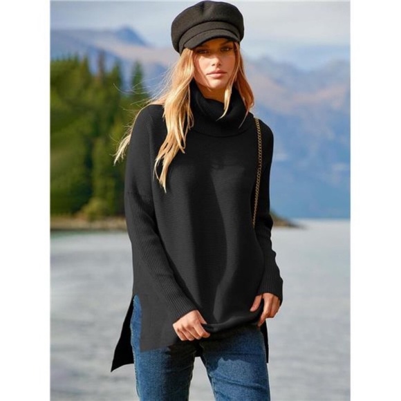 Turtleneck Oversized Batwing Sleeve Spilt Hem Knit Tunic Sweater For Women - Picture 3 of 7